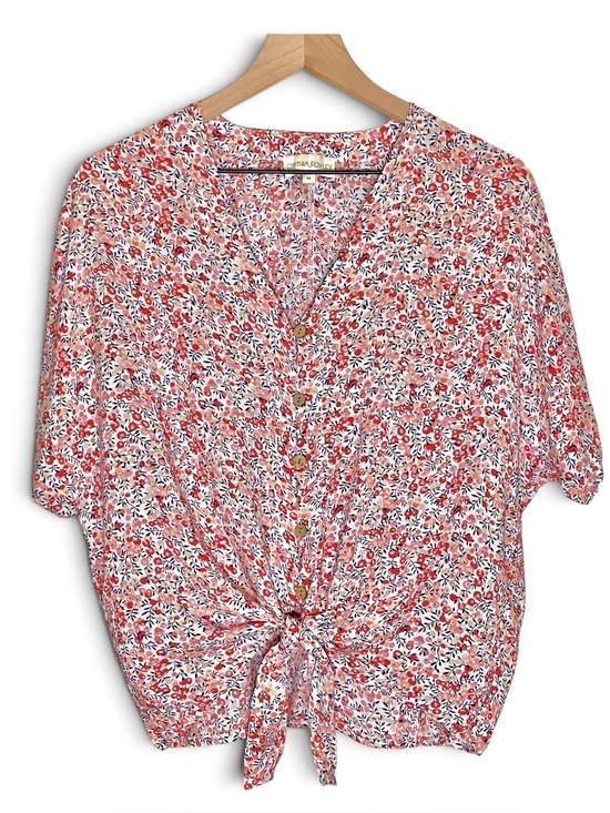 Cynthia Rowley Tops - Cynthia Rowley Floral Tie Front Blouse Short Sleeve Top Medium Cottagecore